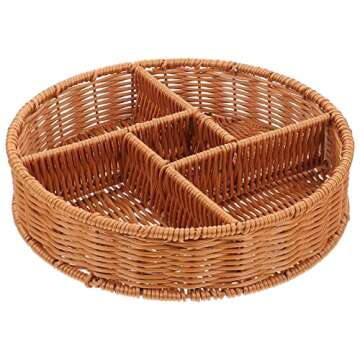 Hand- Woven Rattan Serving Tray Divided Wicker Bread Fruit Basket Decorative Nesting Tray Snack Nut Serving Tray Sundries Organizers for Breakfast Drinks Snack Dining Coffee Table