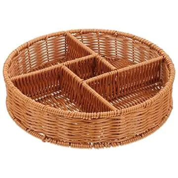 Hand- Woven Rattan Serving Tray Divided Wicker Bread Fruit Basket Decorative Nesting Tray Snack Nut Serving Tray Sundries Organizers for Breakfast Drinks Snack Dining Coffee Table