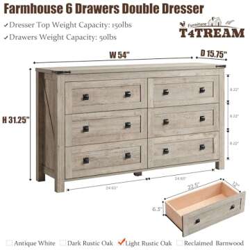 T4TREAM Farmhouse 6 Drawers Dresser for Bedroom, Wood Rustic Wide Chest of Drawers, Storage Dressers...