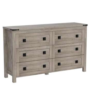 T4TREAM Farmhouse 6 Drawers Dresser for Bedroom, Wood Rustic Wide Chest of Drawers, Storage Dressers Organizer for Bedroom, Living Room, Hallway, Light Rustic Oak