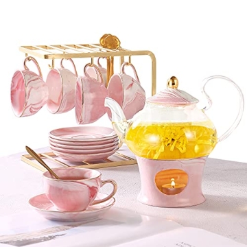 DUJUST 21 pcs Small Tea Set of 6, Pink Marble Set, Handcraft Golden Trim, Porcelain Tea Pot Set for ...