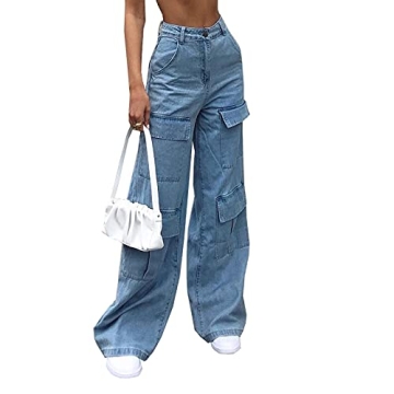 Women's High Waist Baggy Jeans Flap Pocket Relaxed Fit Straight Wide Leg Y2K Fashion Cargo Jeans Blu...