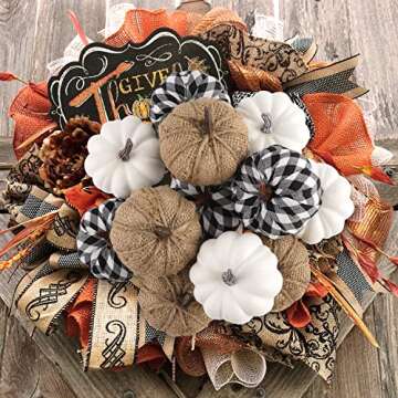 Ywlake 12 Pcs Mixed Assorted Sizes Artificial Pumpkins, Paintable White Fake Pumpkin Plaid Fabric Burlap Pumpkins for Fall Harvest Thanksgiving Halloween Decoration Faux Pumpkins Outdoor Decorating