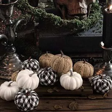 Ywlake 12 Pcs Mixed Assorted Sizes Artificial Pumpkins, Paintable White Fake Pumpkin Plaid Fabric Burlap Pumpkins for Fall Harvest Thanksgiving Halloween Decoration Faux Pumpkins Outdoor Decorating