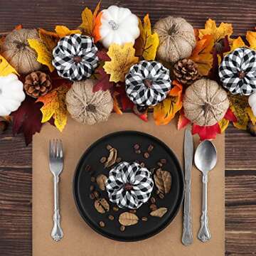 Ywlake 12 Pcs Mixed Assorted Sizes Artificial Pumpkins, Paintable White Fake Pumpkin Plaid Fabric Burlap Pumpkins for Fall Harvest Thanksgiving Halloween Decoration Faux Pumpkins Outdoor Decorating