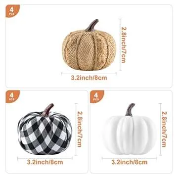 Ywlake 12 Pcs Mixed Assorted Sizes Artificial Pumpkins, Paintable White Fake Pumpkin Plaid Fabric Burlap Pumpkins for Fall Harvest Thanksgiving Halloween Decoration Faux Pumpkins Outdoor Decorating