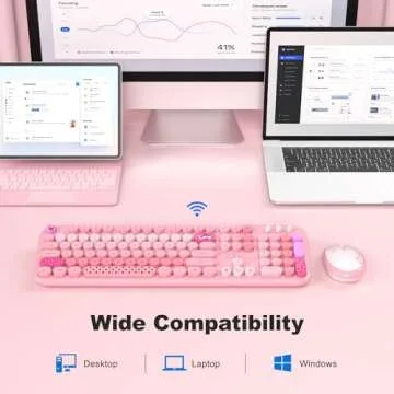 MOFII Wireless Keyboard and Mouse Combo, Full Size 2.4G Plug and Play Typewriter Retro Round Computer Keyboard and Mouse Set for Windows, Computer, Desktop, PC, Notebook - (Pink Colorful)