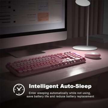 MOFII Wireless Keyboard and Mouse Combo, Full Size 2.4G Plug and Play Typewriter Retro Round Computer Keyboard and Mouse Set for Windows, Computer, Desktop, PC, Notebook - (Pink Colorful)