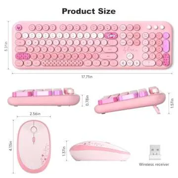MOFII Wireless Keyboard and Mouse Combo, Full Size 2.4G Plug and Play Typewriter Retro Round Computer Keyboard and Mouse Set for Windows, Computer, Desktop, PC, Notebook - (Pink Colorful)