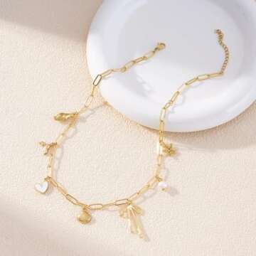 Charm Necklace for Women Shell Necklace 14K Gold Plated Starfish Pearl Heart Pendant Summer Beach Ne...