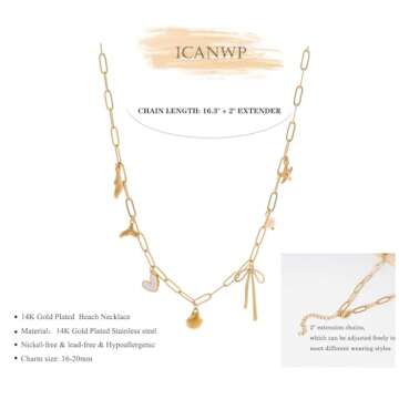 Charm Necklace for Women Shell Necklace 14K Gold Plated Starfish Pearl Heart Pendant Summer Beach Necklace Ocean Jewelry Gifts (Beach Charms)