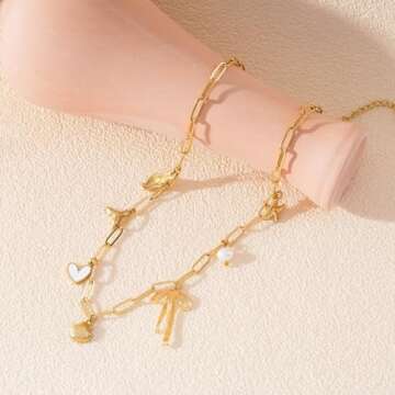 Charm Necklace for Women Shell Necklace 14K Gold Plated Starfish Pearl Heart Pendant Summer Beach Necklace Ocean Jewelry Gifts (Beach Charms)