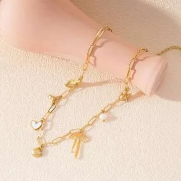 Charm Necklace for Women Shell Necklace 14K Gold Plated Starfish Pearl Heart Pendant Summer Beach Necklace Ocean Jewelry Gifts (Beach Charms)