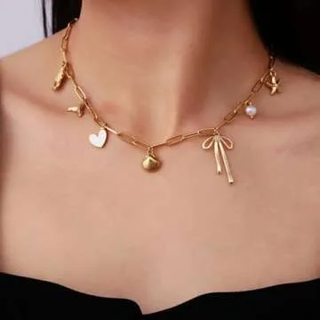 Charm Necklace for Women Shell Necklace 14K Gold Plated Starfish Pearl Heart Pendant Summer Beach Necklace Ocean Jewelry Gifts (Beach Charms)