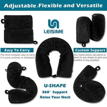 LEISIME Twist Memory Foam Travel Pillow for Neck, Chin, Lumbar and Leg Support - for Traveling on Airplane, Train, Bus or at Home - Adjustable, Bendable Roll Pillow with Washable Soft Cover (Black)