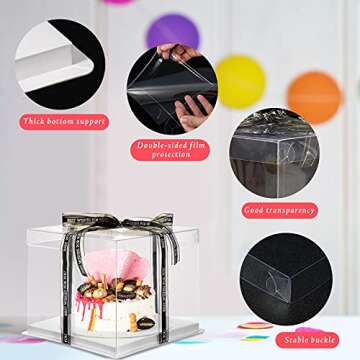Jetec 4 Pcs Clear Cake Box with Ribbon 10 x 10 x 9 Inch Transparent Tall Cake Carrier Box with Lids Pet Clear Gift Pack for 8 Inch Carry Wedding Birthday Anniversary Baking Dessert Display