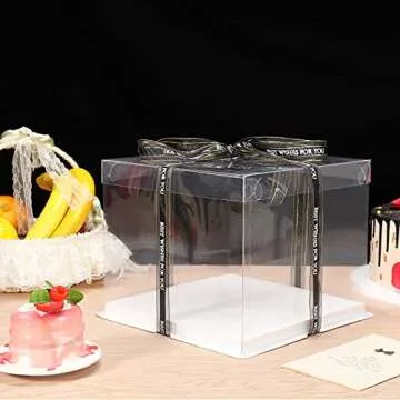 Jetec 4 Pcs Clear Cake Box with Ribbon 10 x 10 x 9 Inch Transparent Tall Cake Carrier Box with Lids Pet Clear Gift Pack for 8 Inch Carry Wedding Birthday Anniversary Baking Dessert Display