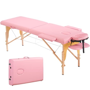 PrimeZone Portable Massage Table Lash Bed - 2 Folding Massage Bed, Height Adjustable Pink Tattoo Las...