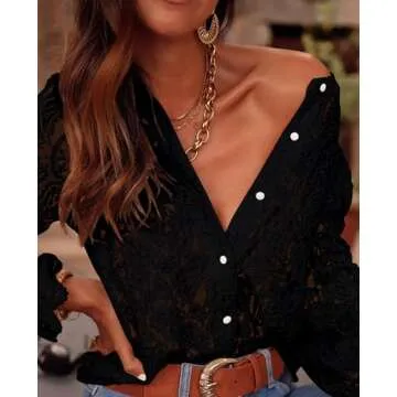 PRETTYGARDEN Women's Dressy Casual Lace Blouse Long Sleeve Button Up Shirts Tops Fall Fashion Clothes (Black,Small)