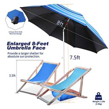 8FT Beach Umbrella with UPF 50+ UV Protection