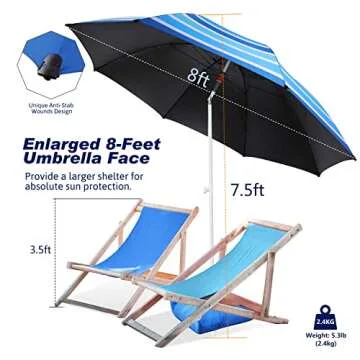 8FT Beach Umbrella with UPF 50+ UV Protection