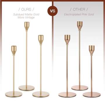 Candeldo Gold Taper Candle Holders: Tall Candlestick Holder for Table Centerpiece Set of 3 Metal Brass Candles Stick Holders Stand Brushed Wedding Decor