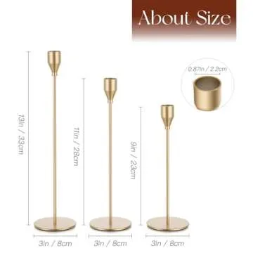 Candeldo Gold Taper Candle Holders: Tall Candlestick Holder for Table Centerpiece Set of 3 Metal Brass Candles Stick Holders Stand Brushed Wedding Decor