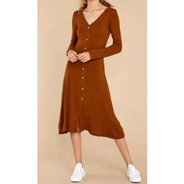 R.Vivimos Women's Winter Cotton Long Sleeves V-Neck Casual Button Down Knit Sweater Midi Dress (Medium, BurningOrange)
