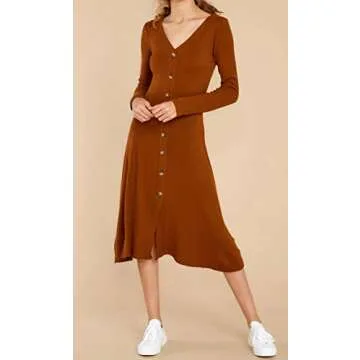 R.Vivimos Women's Winter Cotton Long Sleeves V-Neck Casual Button Down Knit Sweater Midi Dress (Medium, BurningOrange)