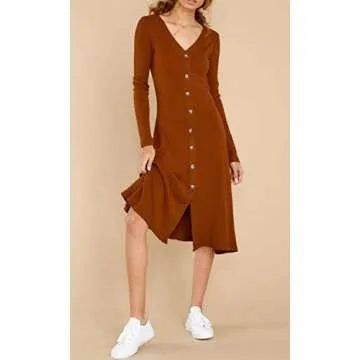 R.Vivimos Women's Winter Cotton Long Sleeves V-Neck Casual Button Down Knit Sweater Midi Dress (Medium, BurningOrange)
