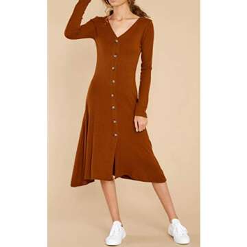 R.Vivimos Women's Winter Cotton Long Sleeves V-Neck Casual Button Down Knit Sweater Midi Dress (Medium, BurningOrange)