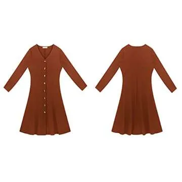 R.Vivimos Women's Winter Cotton Long Sleeves V-Neck Casual Button Down Knit Sweater Midi Dress (Medium, BurningOrange)