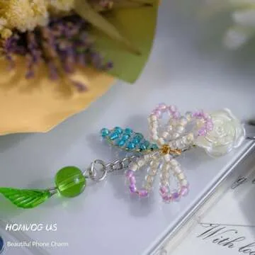 Homvog Cute Beaded Phone Charms for Phone Aesthetic Phone Strap Charms Phone Case Accessories for Phone Bag Airpods Camera Pendants Decor (2x Cherry Flower Set)