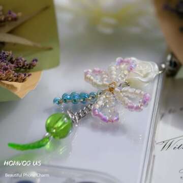 Homvog Cute Beaded Phone Charms for Phone Aesthetic Phone Strap Charms Phone Case Accessories for Phone Bag Airpods Camera Pendants Decor (2x Cherry Flower Set)