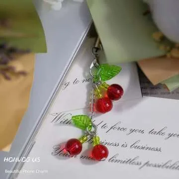 Homvog Cute Beaded Phone Charms for Phone Aesthetic Phone Strap Charms Phone Case Accessories for Phone Bag Airpods Camera Pendants Decor (2x Cherry Flower Set)