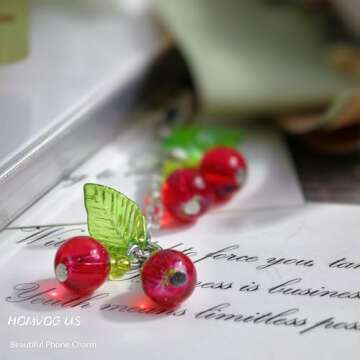 Homvog Cute Beaded Phone Charms for Phone Aesthetic Phone Strap Charms Phone Case Accessories for Phone Bag Airpods Camera Pendants Decor (2x Cherry Flower Set)