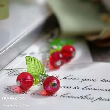 Homvog Cute Beaded Phone Charms for Phone Aesthetic Phone Strap Charms Phone Case Accessories for Phone Bag Airpods Camera Pendants Decor (2x Cherry Flower Set)