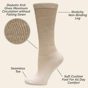 Maggie's Organic Merino Wool Diabetic Wellness Socks for Men & Women - One Pair Medium Size Natural 9-11