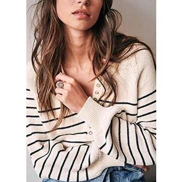 Women's Oversized Striped Sweater Off Shoulder Button Down Puff Sleeve Henley Pullover Tops Basic Casual Jumper Sweaters Black