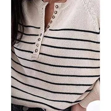 Women's Oversized Striped Sweater Off Shoulder Button Down Puff Sleeve Henley Pullover Tops Basic Casual Jumper Sweaters Black