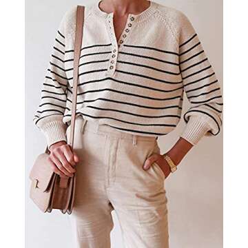 Women's Oversized Striped Sweater Off Shoulder Button Down Puff Sleeve Henley Pullover Tops Basic Casual Jumper Sweaters Black