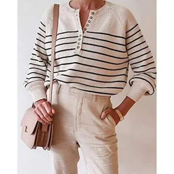 Women's Oversized Striped Sweater Off Shoulder Button Down Puff Sleeve Henley Pullover Tops Basic Casual Jumper Sweaters Black