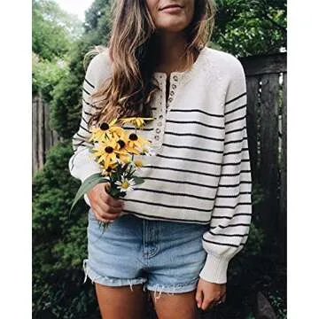 Women's Oversized Striped Sweater Off Shoulder Button Down Puff Sleeve Henley Pullover Tops Basic Casual Jumper Sweaters Black