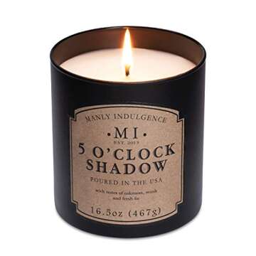 Manly Indulgence 5 O'Clock Shadow Scented Jar Candle, Cotton Wick, Premium Soy Blend White Wax, 60 hr Burn, Matte Black Jar Candle for Home and Men, 16.5 oz - USA Poured