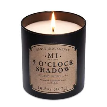 Manly Indulgence 5 O'Clock Shadow Scented Jar Candle, Cotton Wick, Premium Soy Blend White Wax, 60 hr Burn, Matte Black Jar Candle for Home and Men, 16.5 oz - USA Poured