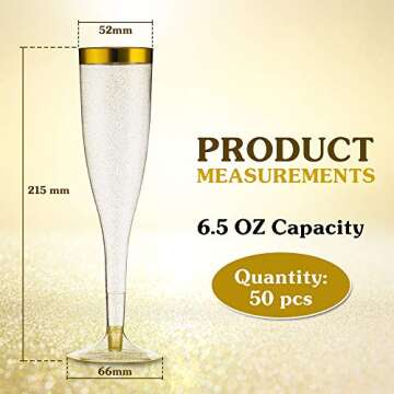 Gold Plastic Champagne Flutes – 50-Pcs Disposable Tall Stem Wine Glasses – Elegant Design – Pr...
