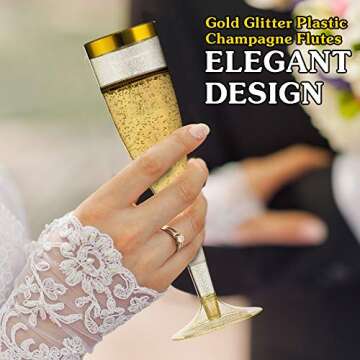 Gold Plastic Champagne Flutes – 50-Pcs Disposable Tall Stem Wine Glasses – Elegant Design – Practical and Easy to Use – 6.5 Oz Capacity - Gold Glittery Rim – Ideal for Parties, Special Events