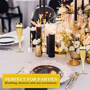 Gold Plastic Champagne Flutes – 50-Pcs Disposable Tall Stem Wine Glasses – Elegant Design – Practical and Easy to Use – 6.5 Oz Capacity - Gold Glittery Rim – Ideal for Parties, Special Events