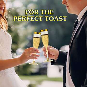 Gold Plastic Champagne Flutes – 50-Pcs Disposable Tall Stem Wine Glasses – Elegant Design – Practical and Easy to Use – 6.5 Oz Capacity - Gold Glittery Rim – Ideal for Parties, Special Events
