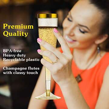 Gold Plastic Champagne Flutes – 50-Pcs Disposable Tall Stem Wine Glasses – Elegant Design – Practical and Easy to Use – 6.5 Oz Capacity - Gold Glittery Rim – Ideal for Parties, Special Events